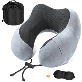 Resim Vkemall Seyahat Bellek Köpük Boyun Yastığı - 360 Desteği, Uyku Maskeyi Ve Ütüklü Seti - Hafif Gri 