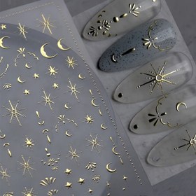 Resim Parlak 3D Altın Güneş, Ay & Yıldız Tırnak Sanatı Stickerları - Kendinden Yapışkanlı Lazer Dekalleri ile Parlak Manikür 