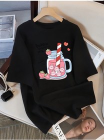 Resim Teekossc Çilek Baskılı Kadın T-shirt - Yazlık Pamuk Spor Tişörtblack Black 