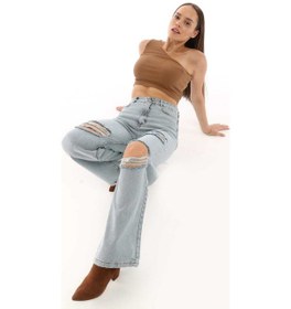 Resim Shevega Kadın Buz Mavi Çift Diz Lazer Yirtik Yüksek Bel Bol Paça Jeans Pantolon Buz Mavi 