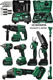 Resim JetVolt Premium Profesyonel 21v 2.0ah 2 Çantalı 5 Bataryalı Kömürsüz Darbeli Teleskop Kollu 7li Set 
