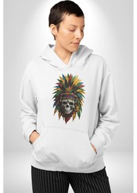 Resim Kurukafa İskelet Kızılderili Tüy Kartal Şefi Kadın Erkek Beyaz Kapüşonlu Sweatshirt Hoodie Beyaz 