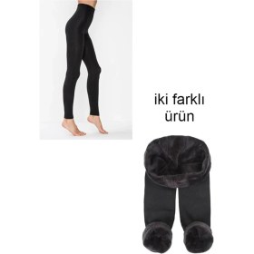 Resim Termal Kadın Siyah Içi Polar Esnek Tayt ve Peluş Tayt Set Iki Parça 