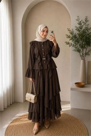 Resim Neşeli Butik kadın kahverengi fırfır detaylı üst kat kat etek ikili tesettür takım ---NBVQ3159 