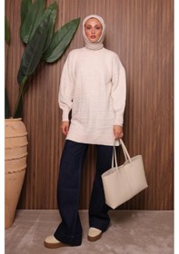 Resim Balenbi Kare Dokulu Oversize Yumoş Tesettür Triko Tunik 7012 Ekru 