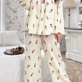Resim Avrupa ve Amerika Yeni Bahar/Sonbahar Modası Çiçek Desenli Uzun Kollu Kare Yaka Ekleme Kurdele Süslemeli Üst + Düz Elastik Bel Pantolon - Rahat Bol Rahat Pijama Takımı, Kadın Pijama, Kadınlar İçin Büyük Beden Pijamalar, Kadınlar İçin Büyük Beden Pijamalar 