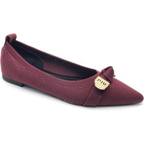 Resim Feles Triko Fiyonk Detaylı Sivri Burun Kadın Babet Ayakkabı Bordo 