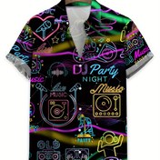 Resim Erkekler İçin Kısa Kollu Casual Hawai Gömlek - Neon Müzik Partisi Grafikli DJ Plak ve Not Baskılı, Canlı Polyester Kumaş Yazlık Tatil, Kulüp Gece ve Günlük Kullanım, Retro Temalı Parti Tişörtü, Rahat Kesim, Kolay Bakım Giysi, Dayanıklı Yapı, Yetişkin Erkekler için 