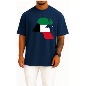 Resim Oversize Kuwait City Flag Of Kuwait Map Göğüs Tasarımlı Unisex T-shirt Lacivert 