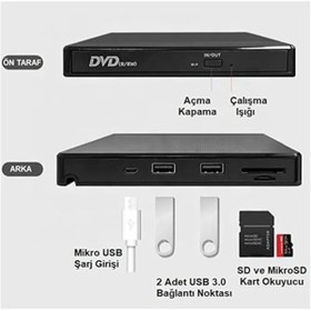Resim Renvox USB 3.0 Harici DVD-RW + SD/TF Kart Okuyucu + 3 Port USB Hub Ultra İnce Optik Sürücü 