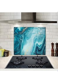 Resim Cam Ocak Arkası Koruyucu Gold Detaylı Turkuaz Desen 52cm X 60 
