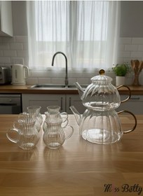 Resim Cam Çaydanlık Ve Bardak Seti Sarı Sarı 