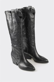 Resim Elle Siyah Deri Kadın Western Çizme 