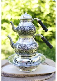 Resim Bakır Çaydanlık Oyma Nakış İşlemeli Gümüş Renk (Kalaylı) Gümüş 