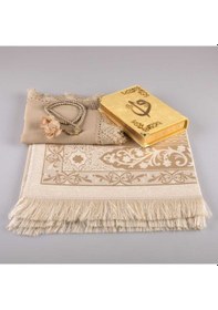 Resim Şal + Seccade + Tesbih + Kur'an Seti (Çanta Boy, Kadife, Gold) 