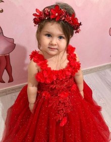 Resim Taçlı Kırmızı Güllü Kız Çocuk Abiye - Kristal Tüllü Abiye Kız Çocuk Elbise Nişan Düğün Çocuk Abiye Kırmızı 