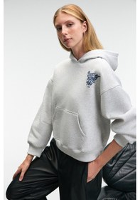 Resim Grimelange EVANTIA Kadın Baskılı Oversize Kapüşonlu Nakış Detaylı Kanguru Cep Grimelanj Sweatshirt 