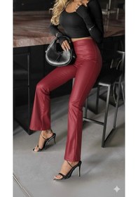 Resim Kadın Yüksek Bel Paçaya Doğru Geniş Deri Pantolon Bordo 