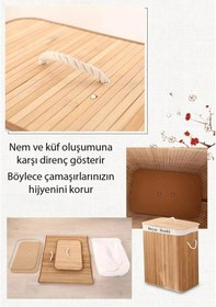 Resim Ezere Bambu Naturel Hasır Çift Bölmeli Katlanabilir Kirli Çamaşır Sepeti 100 Lt Bej 