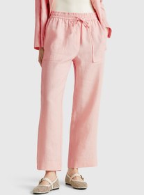 Resim United Colors of Benetton Kadın Pembe %100 Keten Büzgü İpli Cepli Sigaret Pantolon 