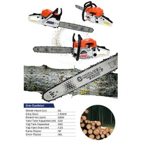 Resim Mur-5201 Benzinli Testere Hızar Motoru Ağaç Odun Kesme Testeresi 52cc 