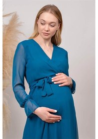Resim Dip Moda Kadın Yeni Sezon Kruvaze Yaka Şifon Hamile Elbise Hml003 Petrol Mavisi 