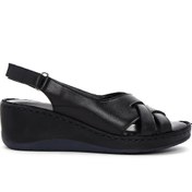 Resim Women's Black Wedge Heeled Leather Comfort Sandals with Ankle Strap Derimod