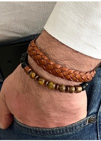 Resim Kahverengi %100 Deri&kaplangözü 2li Kombin Erkek Bileklik Set 21 Cm Türk El Üretimi Kahverengi 