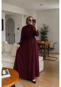 Resim Kadın Bordo Şal Yaka Viskon Tesettür Elbise Belden Bağcıklı Uzun Kollu 