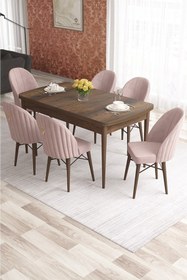 Resim Canisa Elf Serisi 80x132 Açılabilir Barok Ahşap Desen Yemek Odası Takımı 6 Sandalye Gold Halkalı 