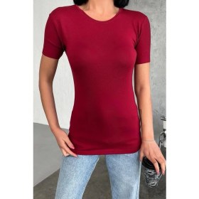 Resim Rahat ve Şık Kısa Kollu Bisiklet Yaka Likralı Viskon Penye Body Bordo ( Lisinya ) 