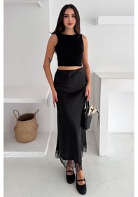 Resim Kadın Dantel Detaylı Saten Uzun Etek Elegant Touch Siyah 