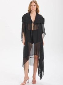 Resim IMBUE Şal Yaka Asimetrik Siyah Şifon Kimono Pareo 