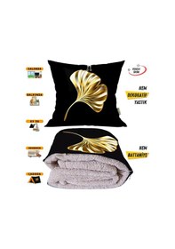 Resim Gold Yaprak Desen Tv Battaniyeli Opsiyonel Dekoratif Yastık Kırlent 2 İn 1 Battaniye Çok Renkli 