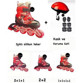 Resim Işıklı Çocuk Pateni Ayarlanılabilir Silikon Tekerli Frenli Metal Gövdeli Paten Ve Kask Dizlik Set Kırmızı 