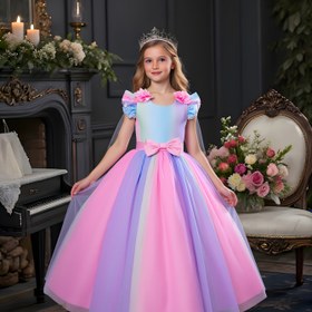 Resim Kızlar için Prenses Elbise, Renkli Gradyan 3D Çiçekli Fırfır Tül Etek, Uzun Parti Kıyafeti ve Doğum Günü Performansları ile Şenlikli Etkinlikler İçin Yaylı Şal 