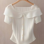 Resim Kadınlar için Şık Beyaz Ruched Crop Top - Kısa Kollu, Düğmeli, Büzgülü Yaka, Hafif Polyester, Bahar/Yaz için Mükemmel, Bahar Modası Üst | Ruched Dokulu Üst | İnşaat 