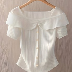 Resim Kadınlar için Şık Beyaz Ruched Crop Top - Kısa Kollu, Düğmeli, Büzgülü Yaka, Hafif Polyester, Bahar/Yaz için Mükemmel, Bahar Modası Üst | Ruched Dokulu Üst | İnşaat 