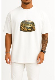 Resim Bahriyeli Collection Oversize Artvin Göğüs Baskılı Unisex T-shirt Beyaz 