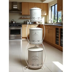 Resim Özbience 3 Katlı Metal Sebze Kovası, Patates ve Soğanlık Sepeti, Krem Renk 