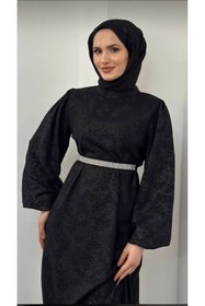 Resim Neşeli Butik kadın siyah taş detaylı tesettür elbise NMS001 