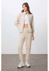 Resim Tommy Life Bej Kompakt Pamuklu Kalın Pürüzsüz Dokulu Dik Yaka Oversize Fit Kadın Eşofman Takım - 95340 Bej 