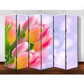 Resim Dekobul Pembe Laleler 6 Kanat Tekerlekli Kanvas Paravan 