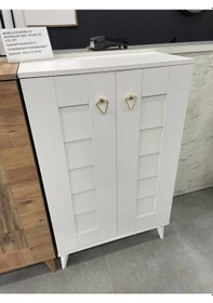 Resim Ahşap Ayakkabılık Panjur Kapak Beyaz 4 Raflı Demonte 