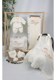 Resim Gros Shop Müslin Yeni Doğan 4katlı Organik %100pamuk Kişiye Özgü Nakışlı Hastane Çıkış Seti Çiçekli Model-1 Ekru-3 