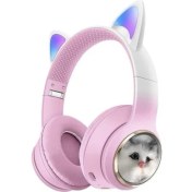 Resim Torima HD11 Pembe Sevimli Kedi Karikatür Kulak LED Işıklı 5.3 Bluetooth Kulak Üstü Kulaklık 