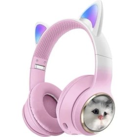 Resim Torima HD11 Pembe Sevimli Kedi Karikatür Kulak LED Işıklı 5.3 Bluetooth Kulak Üstü Kulaklık 