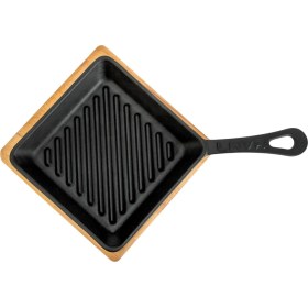 Resim Lava Döküm Mini Kare Izgara Tava Kayın Ahşap Altlıklı Döküm Demir Yekpare Saplı Ölçü 16x16cm. 