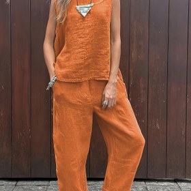 Resim Kadınlar için Tatil Günlük Düz Renkli Kolsuz Üst ve Pantolon Takımı 