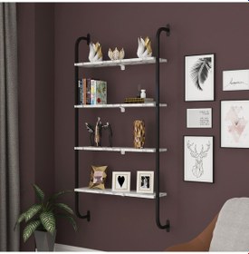 Resim Dekoratif Duvar Rafı Metal 4 Beyaz Mermer Desenli Ahşap Raflı K 